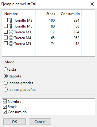 Ejemplo de wxListCtrl